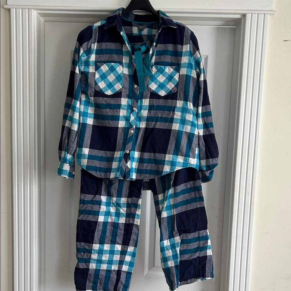 Aerie Womens 100% cotton Checkered Pajama Set in Navy and Turquoise
